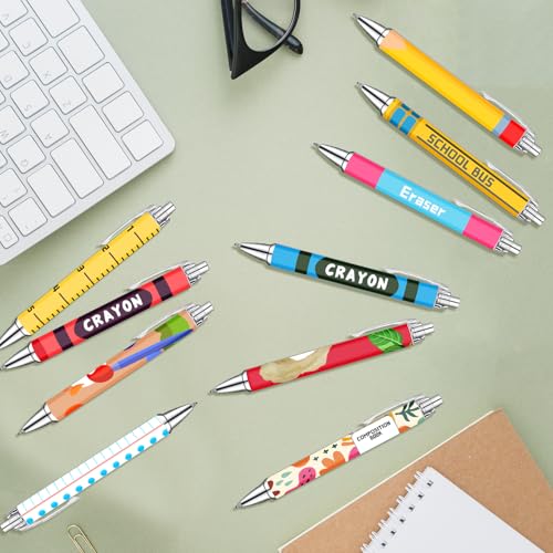 Teacher Appreciation Week Ballpoint Pens Set of 10 – Colorful Crayon-Inspired Teacher Theme Pens with Classroom Supply Designs – Smooth Black Ink Pens for Classroom, Office, and Thank You Gifts - style: Chalk Teacher