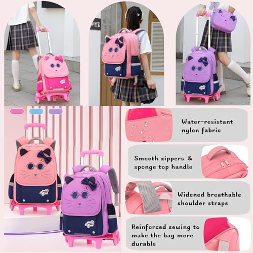 2Pcs Girls Rolling Backpack, Cute Cat Face Kids School Bag Bookbag Roller Backpack for Girls with 6 Wheels, 2Pcs-Rose - color: 6 Wheels-2pcs-rose, style: 6 Wheels