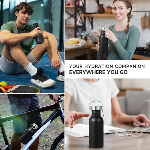 Volhoply 20oz Uninsulated Single Walled Water Bottle, Stainless Steel Reusable Water Bottles with Handle & Carabiner, BPA Free 18/8 304 Sports Water Bottles for Camping Hiking(Black,1) - color: Black
