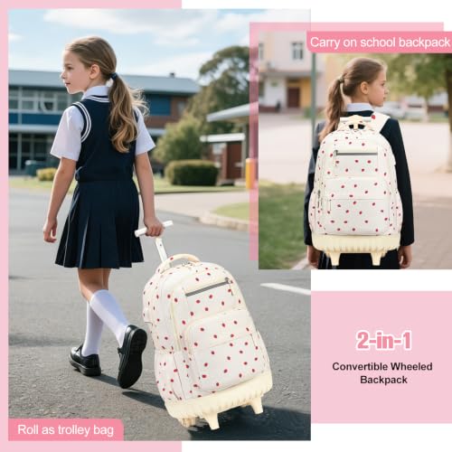 ACESAK Rolling Backpack for Girls - Roller Wheels School bag with Lunch Bag & Pencil Pouch for Teen Girls Kids Wheeled Suitcase Backpacks, Elementary Middle School Travel Daypack (Beige Strawberry) - color: Beige Strawberry
