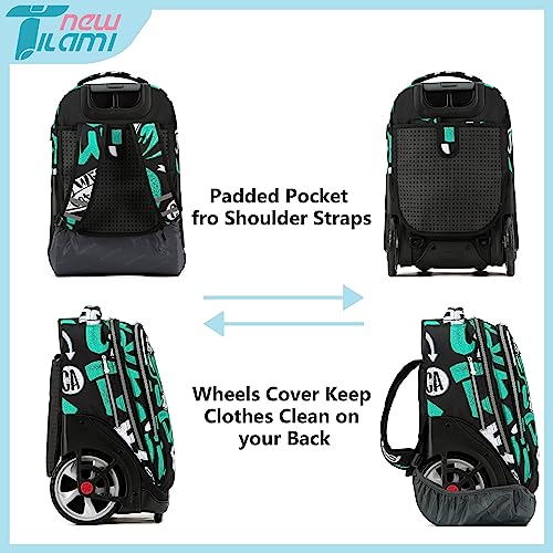 NEW TILAMI 19 Inch Rolling Backpack with Lunch Bag for Girls Boys Wheeled Laptop Backpack Durable Carry-on Bag School Travel, Beach Surf Rider - color: Green Beach Surf Rider