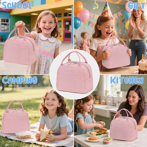 CAMTOP Lunch Box Kids Insulated Lunch Bag Large Reusable Leakproof Cooler Lunch Bags for Boys Girls School Travel Picnic (Pink and White Checkered) - color: Pink and White Checkered