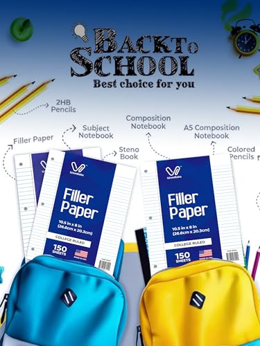 Woodlake Loose Leaf Paper, College Ruled Notebook Paper, 8 x 10.5”, 150 Sheets per Pack, 3 Pack, Lined Filler Paper, 3 Hole Punched, 65gsm, Made in USA - color: College Ruled, size: 3 PACK(450 SHEETS)