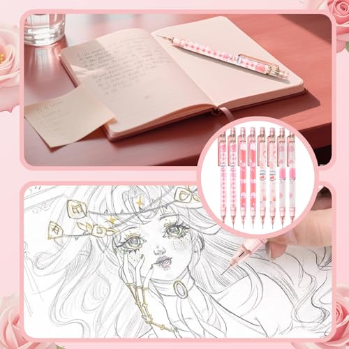 Cute Pink Coquette Peach Mechanical Pencil Set Include 8Pcs Kawaii Mechanical Pencils,2 Tubes Mechanical Pencil Lead Refills,2Pcs Erasers,for Office School Supplies - style: pink peach