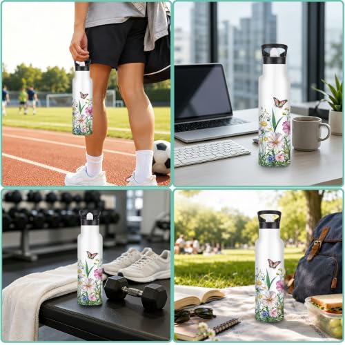 Insulated Water Bottle,Butterfly Lavender 20 oz Stainless Steel Water Bottles with Straw Lid,Flowers Leaves Leak Resistant Double Insulated Flask with Handle,Fits Cup Holder,Keeps Drinks Cold - color: Butterfly Lavender,Flowers Leaves