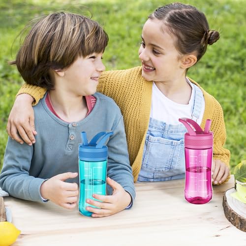 14oz Clear Kids Water Bottle with Straw Lid, BPA-Free Tritan, Measurement Scale, Sturdy Handle Wide Mouth Leak-proof Reusable Plastic Bottle for Boy& Girls, Back to School(Blue) - color: Blue