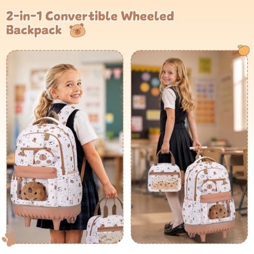 Capybara Theme Rolling Backpack with Lunch Bag & Pencil Case, Kids Rolling Backpack for Girls, Wheeled School Bookbag with Telescoping Handle for Kindergarten Elementary Middle High School - color: Beige