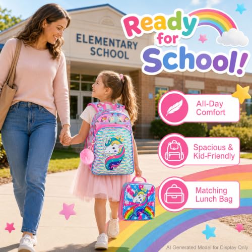 gxtvo 3PCS Girls Backpack, 16" Sequin Prechool Elementary Bookbag and Lunch Box - color: Unicorn Pink