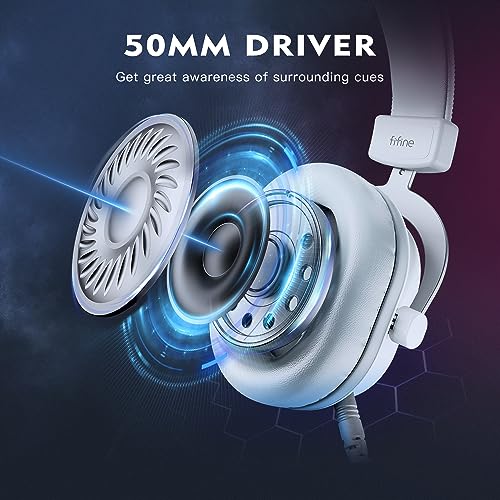 FIFINE USB Gaming Headset, PC Headphones Wired with Microphone for Computer/Laptop, Over-Ear RGB Headset with 7.1 Surround Sound, Noise Cancellation for Streaming Video Game- AmpliGame H6 (White) - color: White