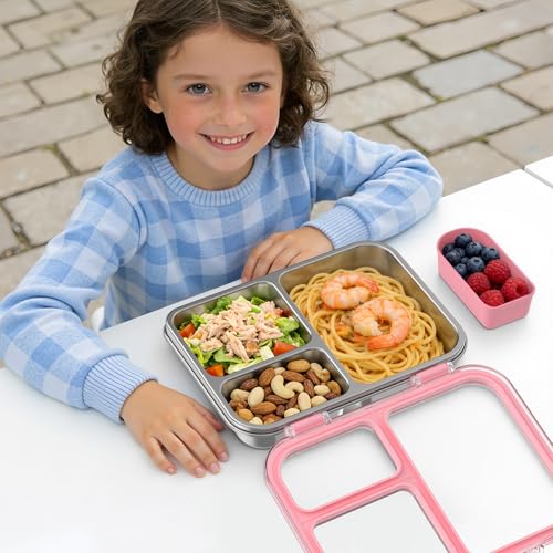 Stainless Steel Bento Box for Kids, 3-Compartment Metal Lunch Box with Clear Lid & Removable Silicone, Lunch Box Kids with Silicone Inner Container for Meal Prep, School, Office (Pink) - color: Pink