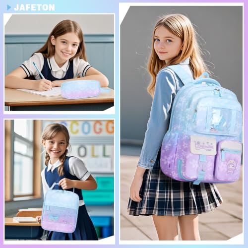 Jafeton Backpacks for Girls, Girls Backpack with Insulated Lunch Bag and Pencil Case for Kids Teens Elementary Middle High School Student, Cute Bow School Bag Travel Daypacks Book Bag Set - color: Blue Purple