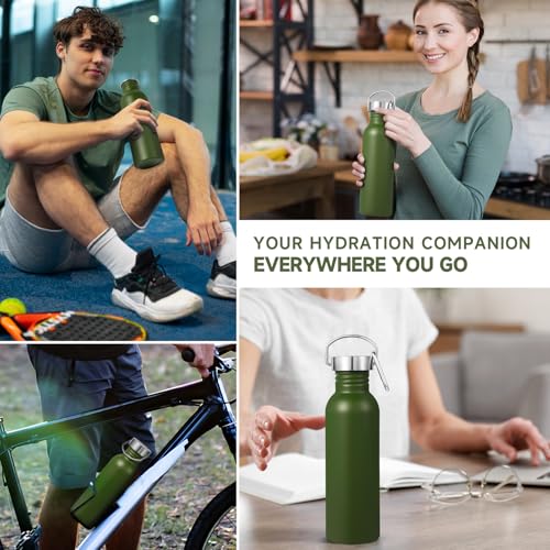 Volhoply 26oz Uninsulated Single Walled Water Bottle, Stainless Steel Reusable Water Bottles with Handle & Carabiner, BPA Free Wide Mouth Water Bottles for Gym Sports Camping(Army Green,1) - color: Army Green