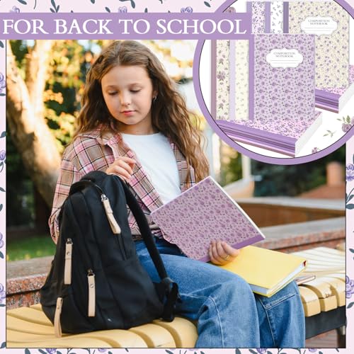 MotiMind 6 Pcs Purple Flower Composition Notebook College Ruled Back to School Wildflower Pretty Wide Ruled Composition Book 110 Page 7-1/2" x 9-3/4" Aesthetic Journal Gift for Teacher Class Office - style: Purple