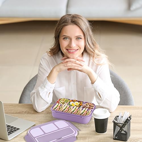 Bento Box Adult Lunch Box, Lunch Containers for Kids Girls Boys with 4 Compartments, Lunchable Food Container with Utensils, Sauce Jar, Muffin Liners, 40 Oz/5 Cup, Microwave Safe, Lavender - color: Lavender