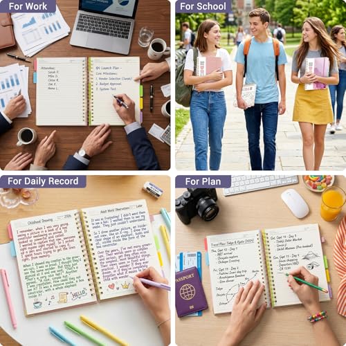 Hardcover Spiral Journal Notebook, 300 Pages 5 Subject Notebook College Ruled with Removable Dividers Tabs, 8" x 10" Notebooks for Work, Spiral Ruled Lined Writing Journal Hardcover Leather Notebook for School (Purple, 8''x 10'') - color: Purple