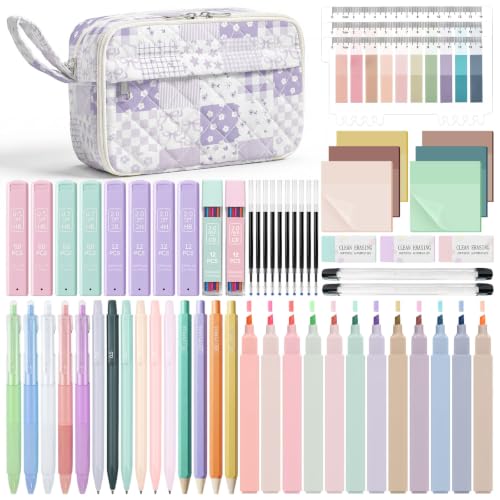 WOBAGMEN 62PCS Aesthetic School Supplies with Quilted Pencil Case, Pastel Highlighters, Gel Pens Mechanical Pencils Set, Cute Back to School Supplies, College Essentials (Purple Checked, M) - color: Purple Checked Patchwoek
