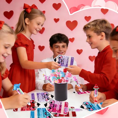 Vellibring 30 Pack Valentines Fun Pens with Cards 0.7mm Cute Animal Multicolor Ballpoint Pens Retractable 4 Colors in One Valentines Stationery Party Favors School Supplies Students Rewards - style: Valentines Cards-30pcs