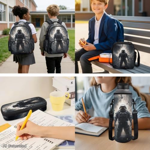 Cool Astronaut Backpack for Boys Girls 4-18 Kids Backpack with Lunch Box and Aesthetic Pencil Case 4 in 1 Set Bookbag for Elementary Kindergarten Large Capacity School Bag with Compartments - color: Cool Astronaut