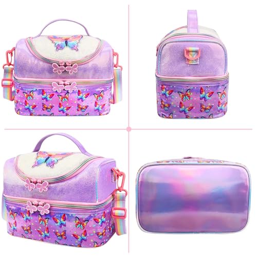 RHCPFOVR Kids Lunch Bag - Double - Decker Cooler Insulated Lunch Box for Boys Girls Women,Washable Lunch Bag with Strap and Reusable Toddler Lunchbox for School and Daycare - color: Purple Butterfly 1