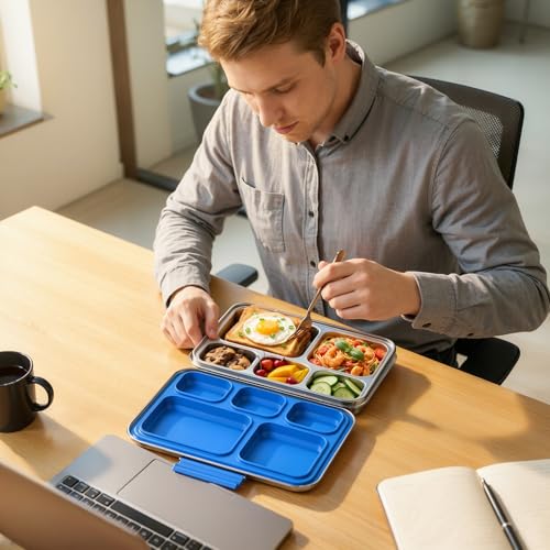 Pawtong Stainless Steel Lunch Box, 5-Compartment Bento Lunch Box for Kids & Adults,Metal Lunch Box with Removable Silicone Container, Lunch Box Containers for School,Office (Blue) - color: Blue