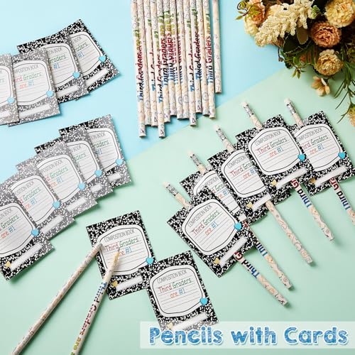Tenceur 24 Set/48 Pcs Back to School 3rd Graders Pencils and Cards Set, Third Grade Motivational Wooden Pencil with Erasers, Composition Book Greeting Note for Student Classroom Reward Gift - style: 3rd Graders