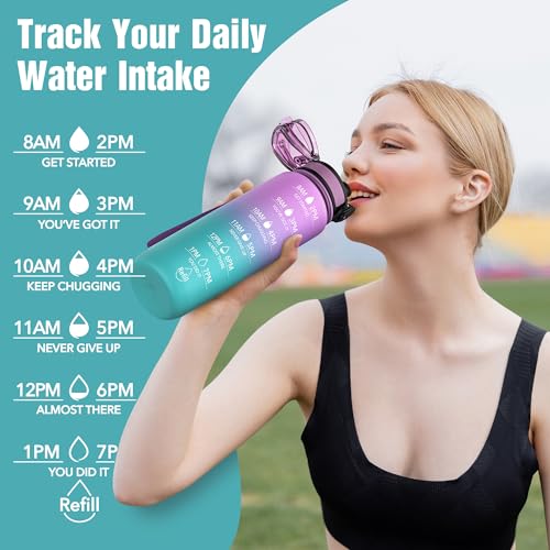 OLDLEY Water Bottle, 32oz Motivational Sports Water Bottle with Time Marker - Times to Drink - Tritan, BPA Free, Wide Mouth Leakproof,Confectionery - color: Confectionery