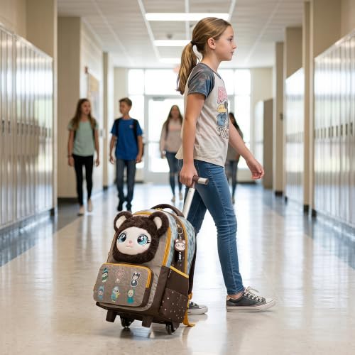 Girls Rolling Backpack for Kids with Wheels,Cute 3D Kids Rolling Backpack for School,Lightweight Kids Luggage for 6-8,Large Capacity BookBag with Wheels & Telescopic Handle - color: 3d Plush Cute Bronze