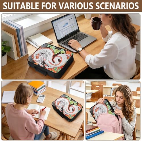 3-Hole Ring Binder Bag with 7-Pocket Accordion Index White Dragon Document Case with Elastic Pen Loops Organizer