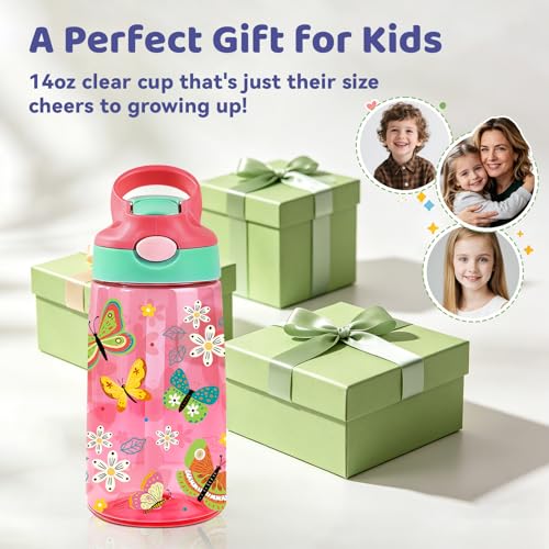 Butterfly Gifts 14oz Water Bottle with Straw - Leakproof BPA-Free Plastic Pop-Up Spout, Reusable Leak Proof Travel Bottle for Outdoor Sports - color: Butterfly2