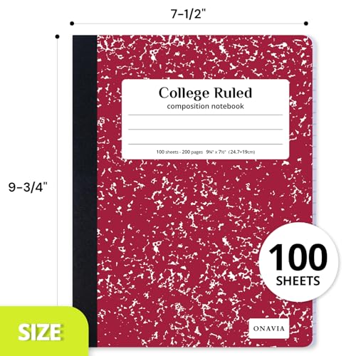 ONAVIA Composition Notebook College Ruled 6 Pack, 200 Pages (100 Sheets), 9-3/4 x 7-1/2, Marble Composition Books Bulk, Notebooks for School, Work, Office, Durable Comp Book, School Supplies, Pink | 100 ct, 9.75 x 7.5 in, Durable Comp Book, School Noteboo
