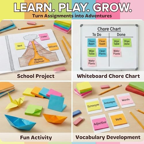 Sticky Notes 3x3 (12 Pads / 1200 Sheets) – 2026 Improved Adhesive, Very Very Sticky & Bright Neon Colors – Perfect for School, Office & Desk Supplies