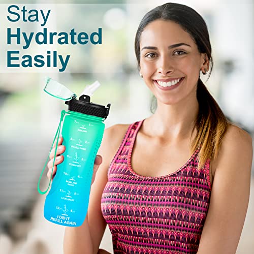 24 OZ Motivational Kids Water Bottle With Time Marker,Straw Lid,Leak Proof, Tritan BPA Free Sports Water Bottle Green-Blue(1 Lid) - color: Green Blue