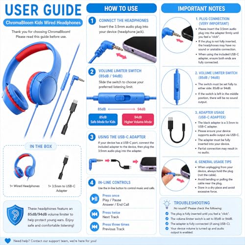 Kids Wired Headphones for School, Over-Ear Children's Headphones with Microphone, Foldable 85/94dB Volume Limited Headphones, 3.5mm & USB-C Compatible(Cloud Blue) - color: Cloud Blue