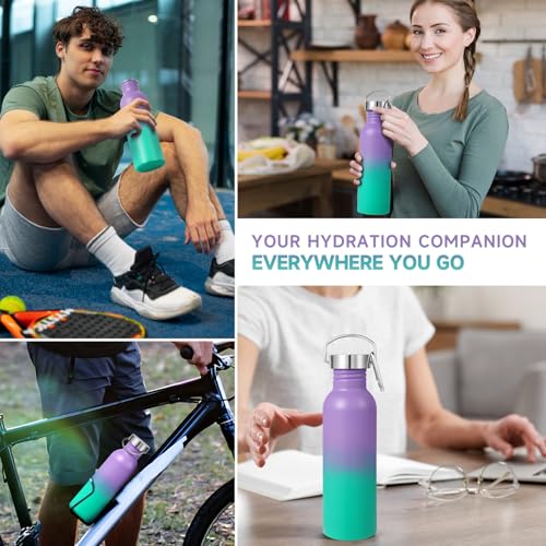 Volhoply 26oz Uninsulated Single Walled Water Bottle, Stainless Steel Reusable Water Bottles with Handle & Carabiner, BPA Free Wide Mouth Water Bottles for Gym Sports Camping(Purple Green,1) - color: Purple Green