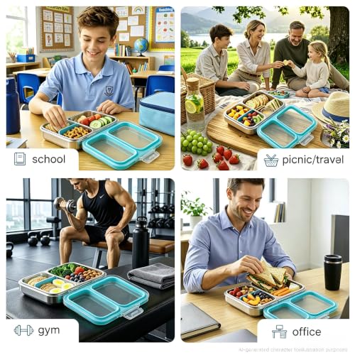 Leak-Resistant 18/8 Stainless Steel Bento Lunch Box Kids 7+ and Adults | 2 Swappable Style Accessories, BPA-Free Tritan Lid, Dishwasher Safe, School, Office & Travel - color: Cyan