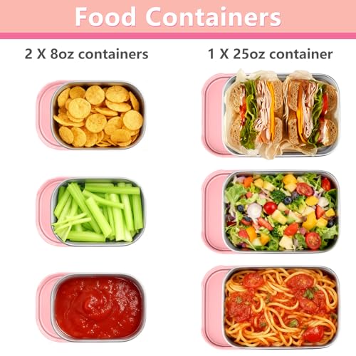 TeamFar Stainless Steel Lunch Box, Food Snack Storage Bento Containers with Silicone Lids for Kids Adults to School Work, Kids Friendly & Dishwasher Safe, Leak-Proof & Easy Open, 25OZ + 8OZ*2 (Pink) - color: Pink