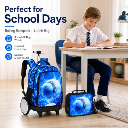 UFNDC Big Wheel Boys Rolling Backpack, Water-Resistant Wheeled School Bag with Lunch Box & Pencil Case, 3-Pack Kids Roller Bookbag Travel Set - Lightning Baseball - color: Rolling Backpack Lightning Baseball Blue