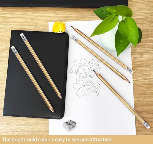 Adhere 25pcs Woodcase Pencils with Eraser Premium Pre-Sharpened Hexagon Graphite 2B pencils ideal for home, office writing including a Free Sharpener - color: Gold・25pcs