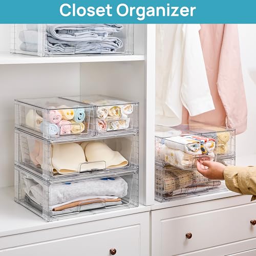 Vtopmart Clear Stackable Storage Drawers Set of 6, Easily Assemble Acrylic Bathroom Undersink Organizers,Plastic Storage Bins for Closet,Cabinet,Pantry,Medicine Organization - style: 4 Small+2 Wide