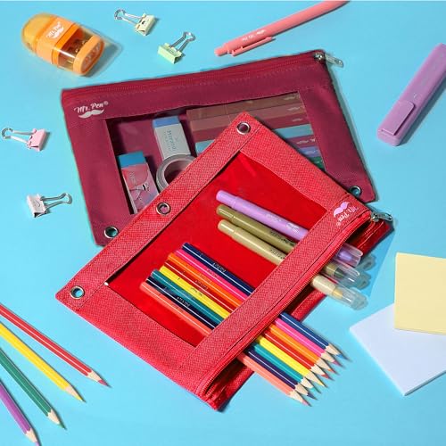 Mr. Pen- Pencil Pouch for 3 Ring Binder, 2 Pack, 10"x6.75", Smooth Zipper | Clear Window, Large Capacity Pencil Case with 3 Reinforced Grommets for School, Office, Supplies Storage | Clear Window, Large Capacity Pencil Case with 3 Reinforced Grommets for
