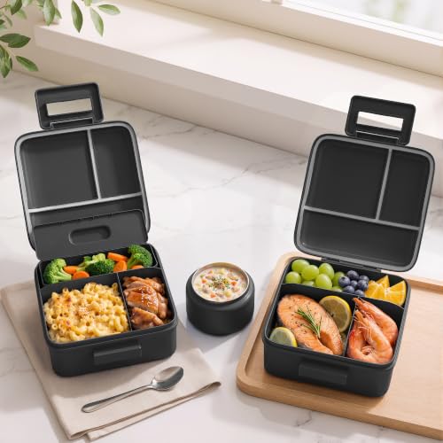 MAISON HUIS Bento Lunch Box with 8oz Soup Thermo and Insulated Lunch Bag, Kids Leakproof Lunch Food Containers with 5 Compartment, Boys Girls Thermo Hot Food Jar for Travel, School, BPA Free (Black) - color: Black1