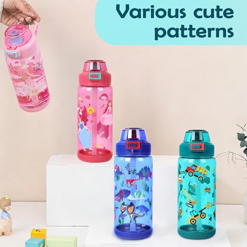 20oz Kids Water Bottle For School or Travel, Leak-Proof & Dishwasher, Durable Plastic Sport Water Bottle With Straw and Handle, Truck - color: Green truck