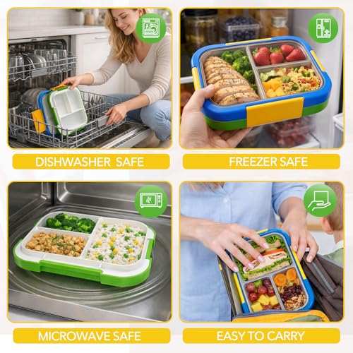 EASYFUN Bento Box Adult, Lunch Box, 3-Compartment Lunch Containers, Drop-Proof, Dishwasher Safe & Made with BPA-Free Materials (Blue green) - color: Blue green