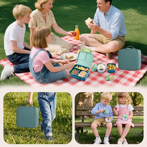 Bento Lunch Box for Kids with Thermo, Leakproof Bento Box with 8oz Insulated Food Jar, Lunch Bag, BPA Free Dishwasher Safe 4 Compartment Container for School Girls Boys (Green) - color: Green1