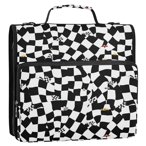 Racing Event Checkered Flag Black Zipper Binder Organizer with Handle Multi-Pocket 1.5 Inch 3 Rings Portfolio Binder Bag Home Travel Cards Storage Container - color: Racing Event Checkered Flag Black