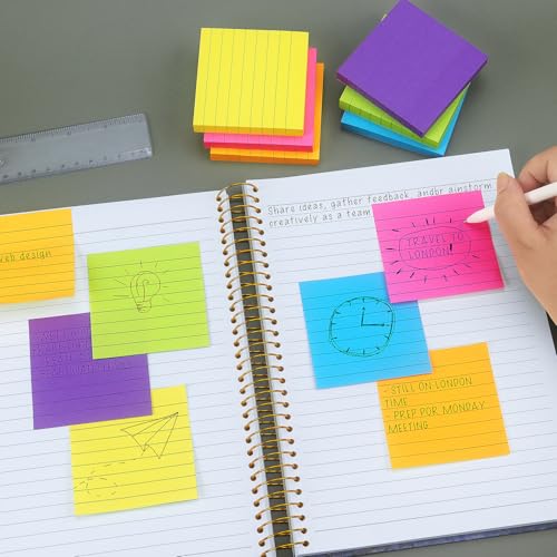 6 Pads Lined Sticky Notes 3x3 Sticky Notes with Lines Self-Stick Note Pads 6 Bright Multi Colors,100 Sheet/Pad - color: 3x3 6 Pads
