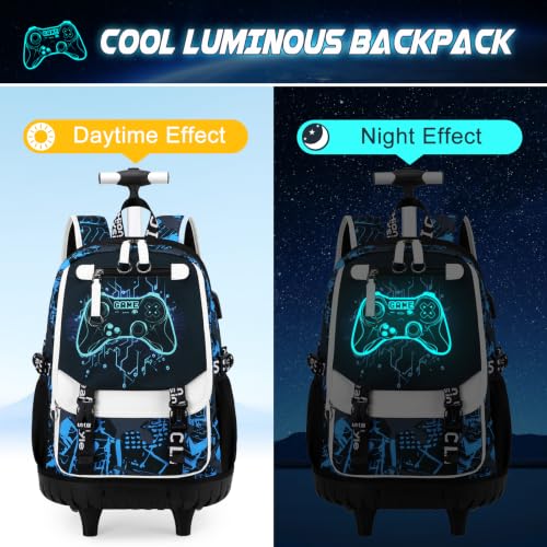 Bevalsa Rolling Backpack for Boys, Roller Backpack with Wheels, Wheeled School Bag with Sling Bag, Lunch Box & Pen Case for Kids Children Teens Elementary Middle Student Glow In The Dark - color: Blue Game