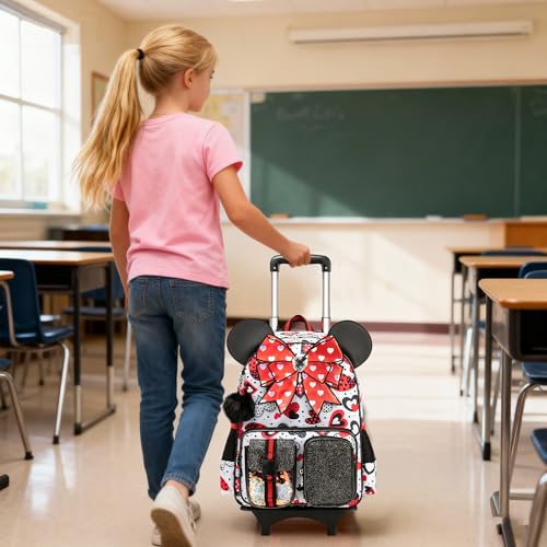 Meetbelify Girls Rolling Backpack with Wheels Kids Wheels Backpack for Girls - color: Bowknot Red