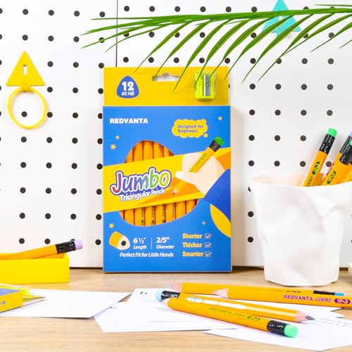 Jumbo HB Pre-sharpened Pencils #2 for Toddlers Preschoolers First Writing, Thick Triangular Grip Fat Pencils with Latex-Free Erasers, Break-Resistant, Back to School Supplies, 12 Count - color: Yellow