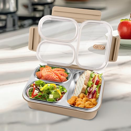 Stainless Steel Lunch Box, 3 Compartments Metal Bento Box for Kids, 25oz Lunch Container with Leakproof Lid, Divided Meal Prep Box for Adults, Kids - Ideal for Office, School, Healthy Eating - color: Mocha Khaki
